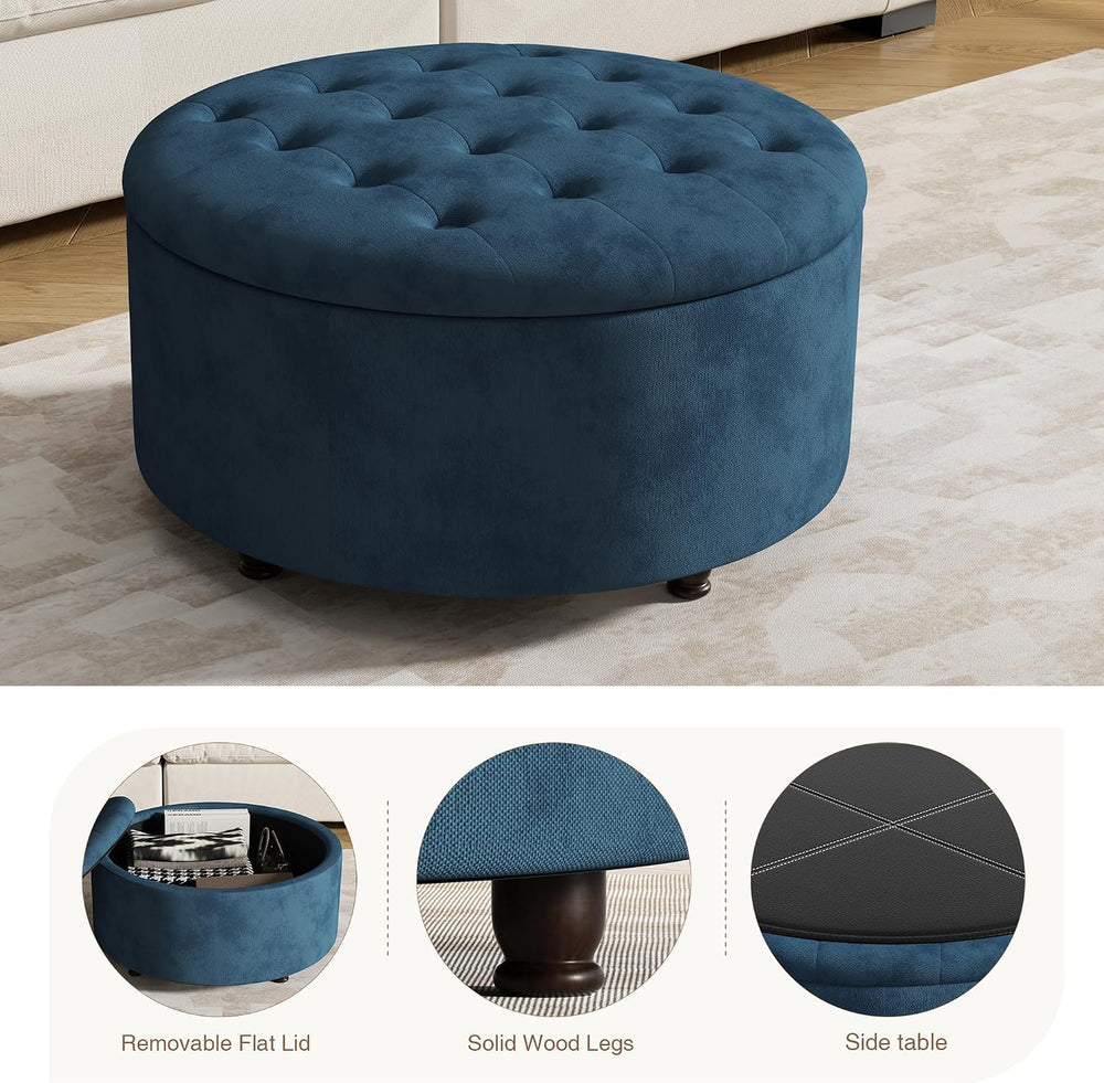 30 Inch Round Storage Ottoman,Modern Blue Tufted Ottomans,Circular Coffee Tab...