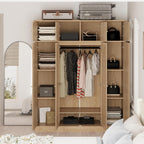 4 Doors Large Armoire Wardrobe Closet with Rattan Doors, 70.87" Tall Freestanding Wooden Closet Wardrobe Cabinet with Hanging Rod and Adjustable Shelves, Clothing Storage Cabinet for Bedroom, Natural