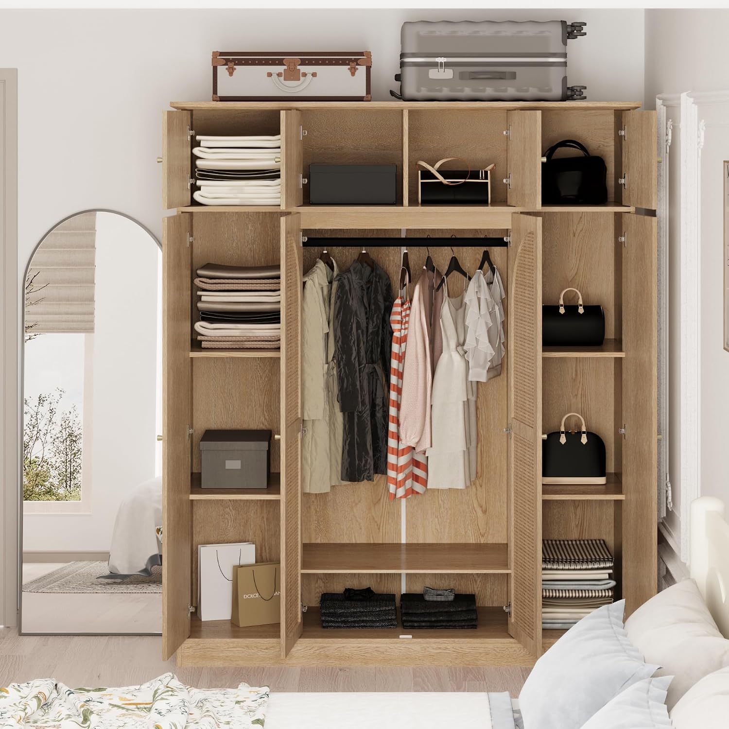4 Doors Large Armoire Wardrobe Closet with Rattan Doors, 70.87" Tall Freestanding Wooden Closet Wardrobe Cabinet with Hanging Rod and Adjustable Shelves, Clothing Storage Cabinet for Bedroom, Natural