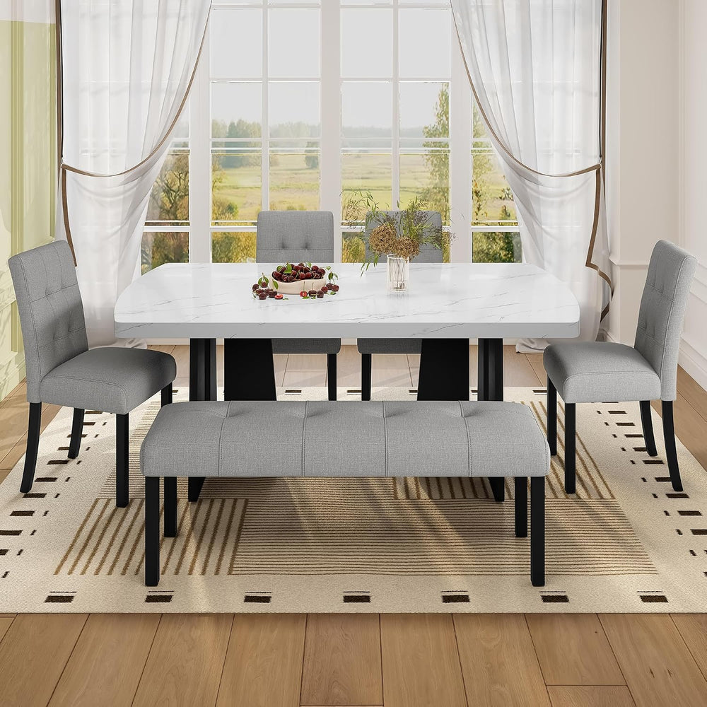 P PURLOVE Modern 6 Piece Dining Table Set, 63" Wood Faux Marble Dining T...
