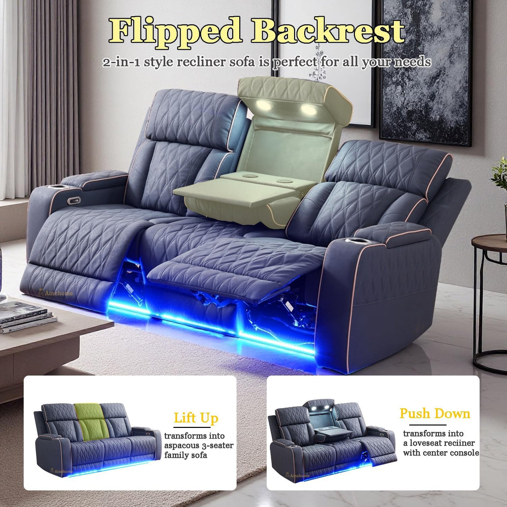 A Ainehome Sanded Leather Power Recliner Sofa Set with LED, 3 Pieces Living R...