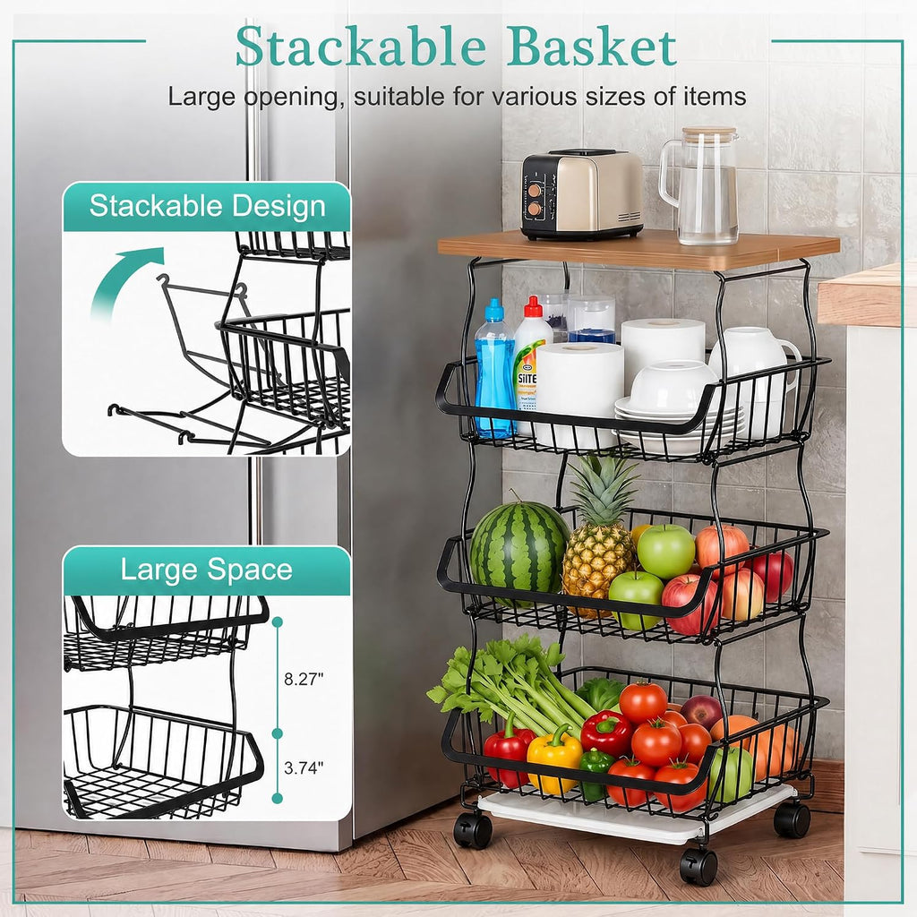 VECELO 4-Tier Fruit Basket with Wheels, Fruit and Vegetable Storage Cart for Kithchen, Stackable Produce Organizer Wire Baskets for Kitchen, Pantry, Living Room