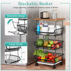 VECELO 4-Tier Fruit Basket with Wheels, Fruit and Vegetable Storage Cart for Kithchen, Stackable Produce Organizer Wire Baskets for Kitchen, Pantry, Living Room