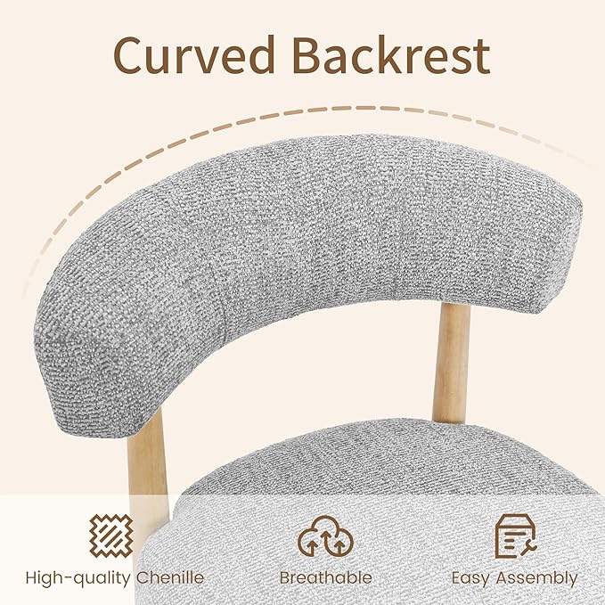 VKNOW Wooden Dining Chairs Set of 2, Modern Upholstered Dining Room Chairs with Rubberwood Legs and Curved Backrest, Fabric Kitchen Chairs for Farmhouse/Living Room/Dining Room, Gray