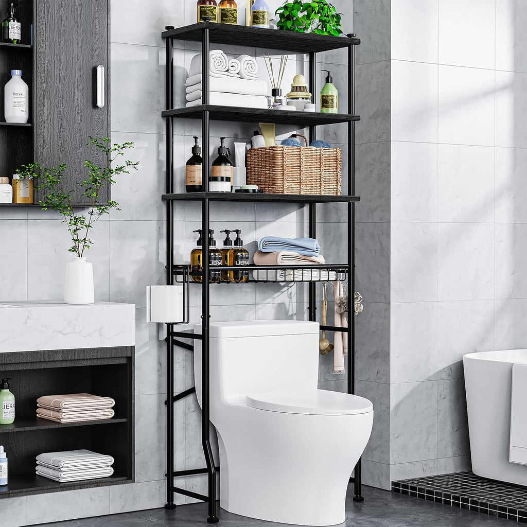 Over-The-Toilet Storage Rack, 4-Tier Bathroom Organizer Shelf Over Toilet with Adjustable Shelf and Basket, Freestanding Space Saver Bathroom Shelves Above Toilet for Room (Black)