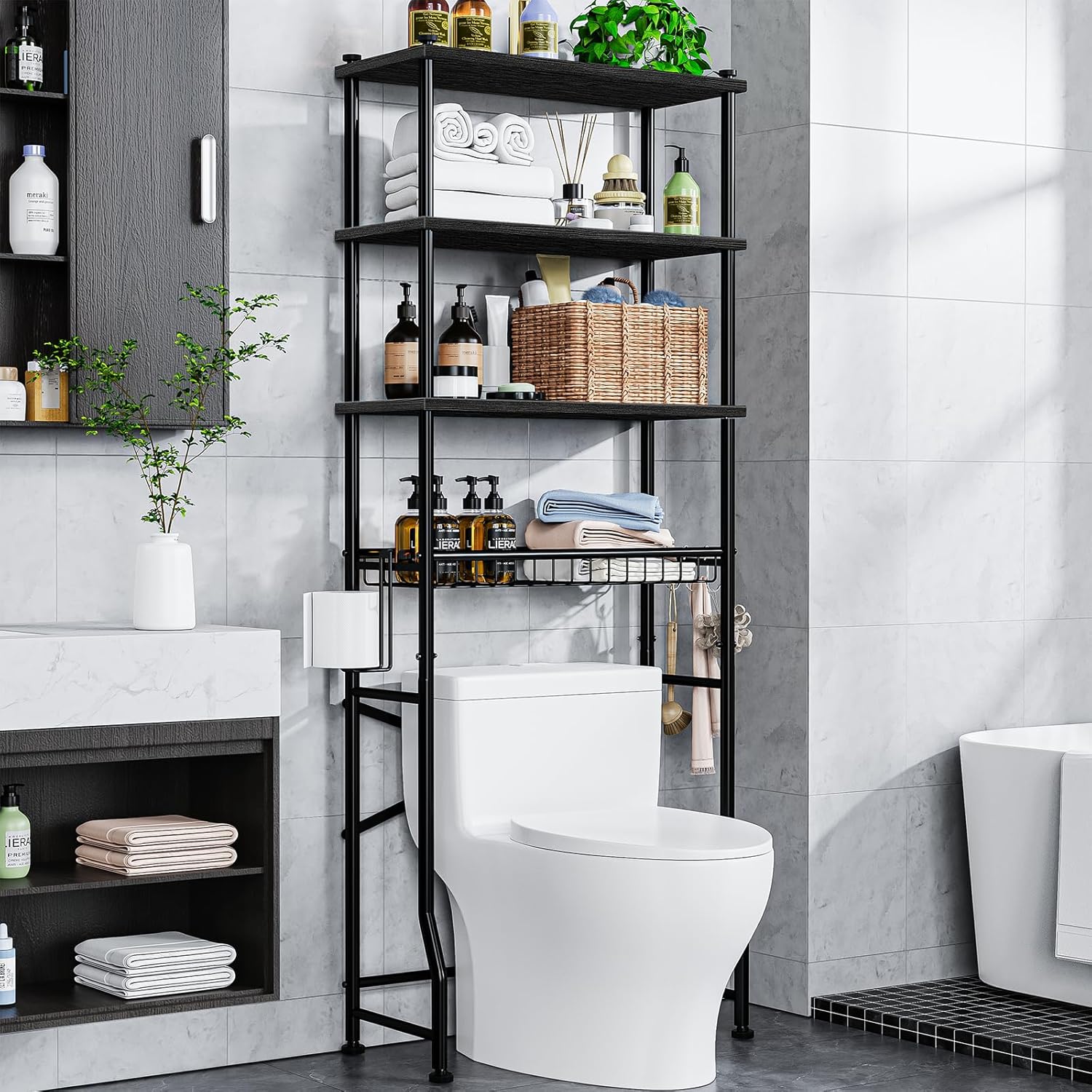 Over-The-Toilet Storage Rack, 4-Tier Bathroom Organizer Shelf Over Toilet with Adjustable Shelf and Basket, Freestanding Space Saver Bathroom Shelves Above Toilet for Room (Black)