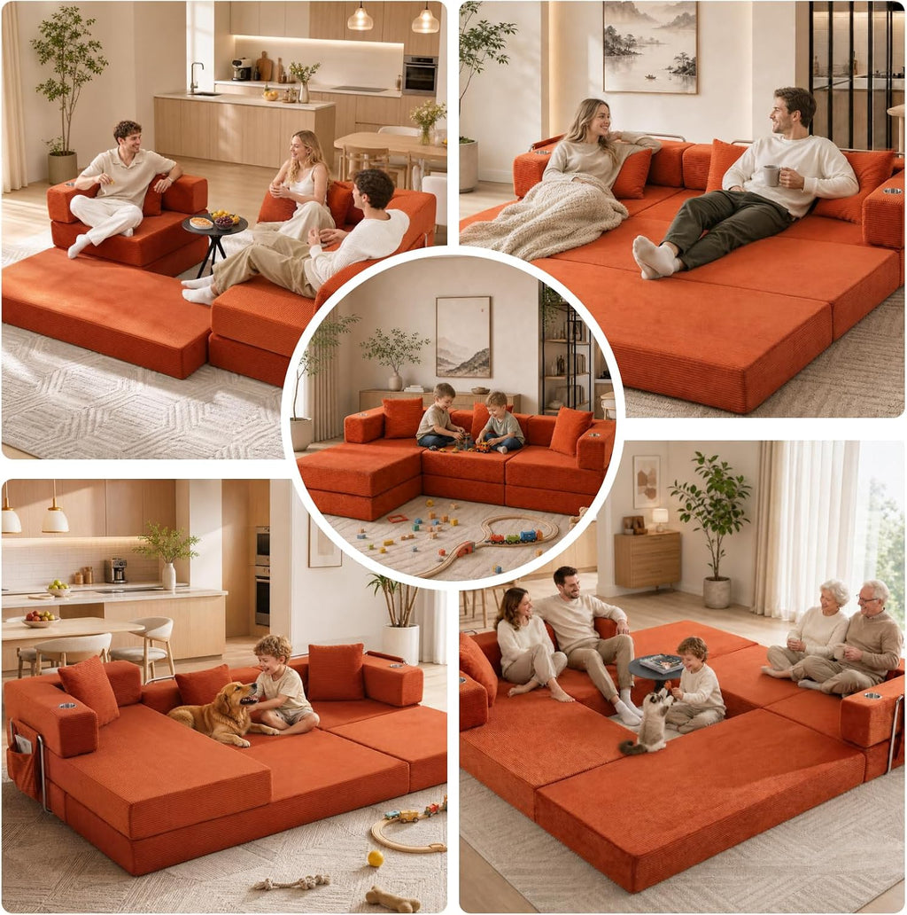 Modular Sectional Sofa, 108" L-Shaped Couch with Deep Seat | Corduroy Boneless Cloud Cushion,Modular Sofa Bed with Fixed-Shape Frame for Living Room No Assembly Required (Orange)