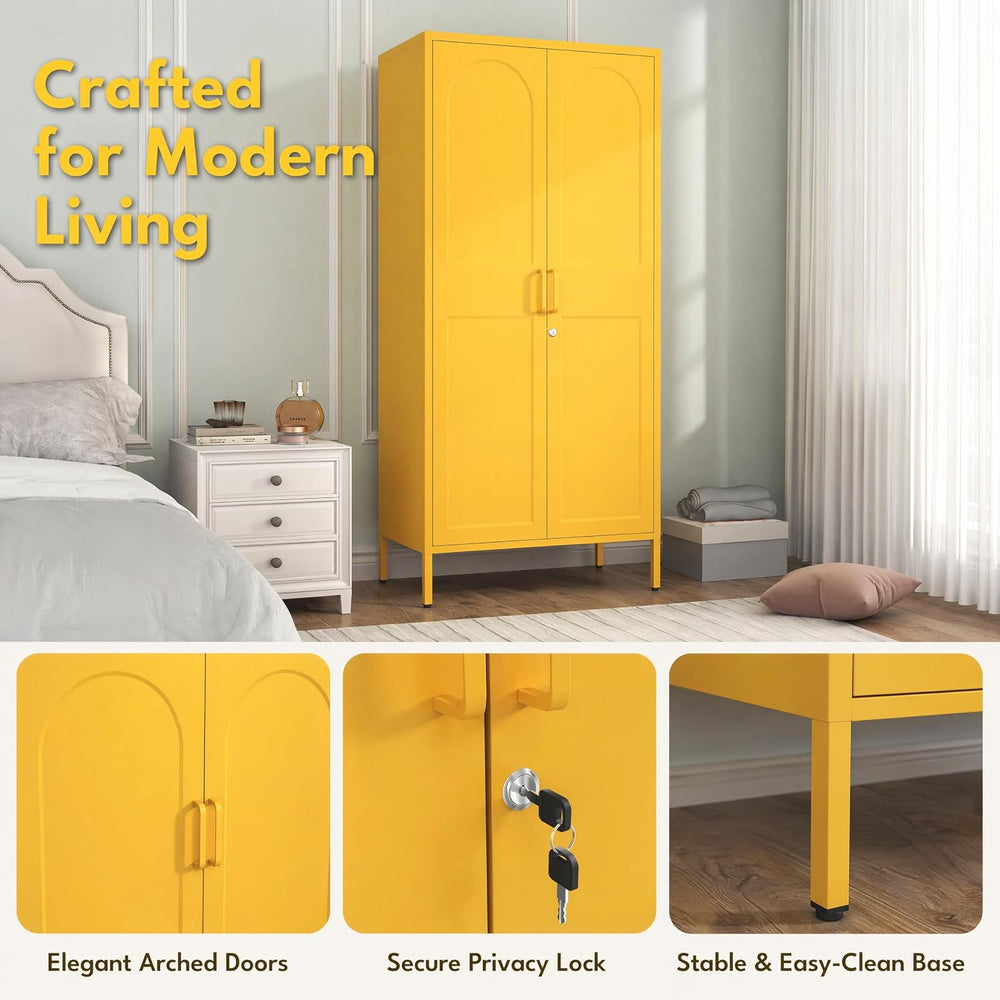 67 Inch Lockable Yellow Steel Wardrobe Storage Cabinet, Freestanding Metal Ar...