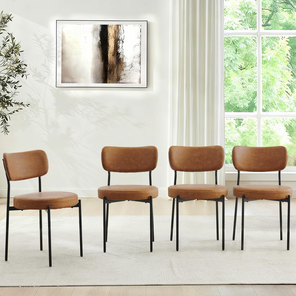 Brown Dining Chairs Set of 2, Upholstered Leather Chairs with Metal Legs, Mid...