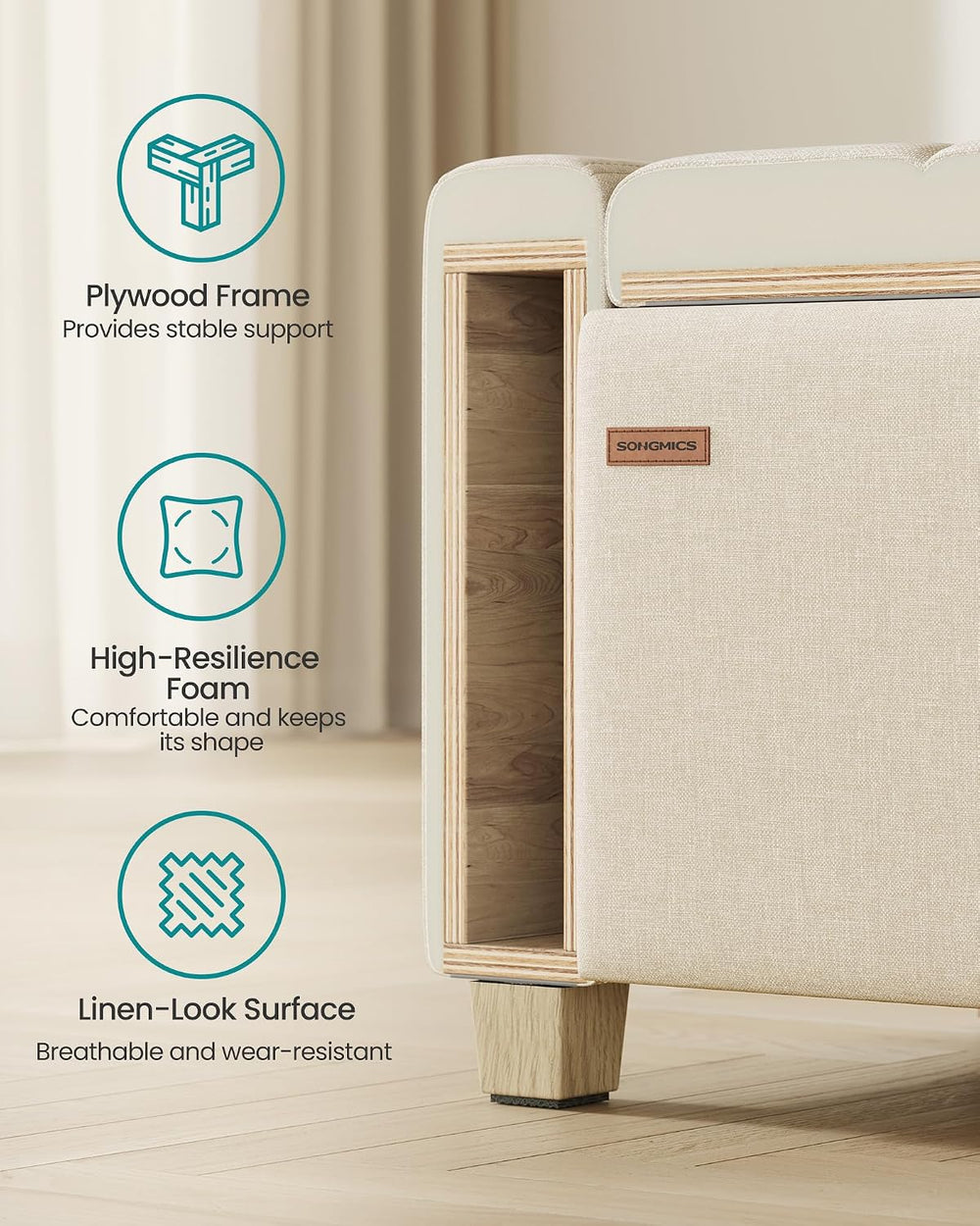 SONGMICS Storage Ottoman, 48 Inches Long Bed End Stool, Solid Wood Legs | But...