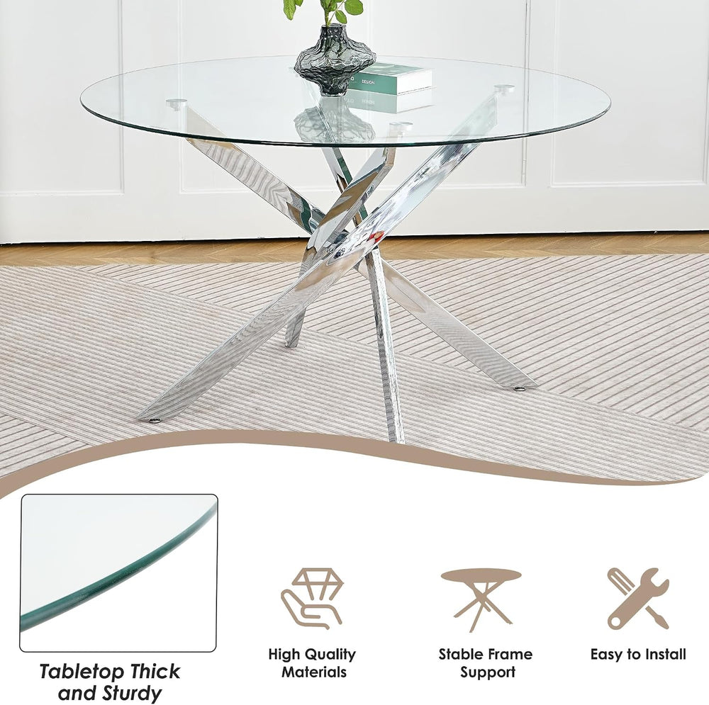 Clear Round Glass Top Dining Set for 4, 36'' Modern Luxury Circle Din...