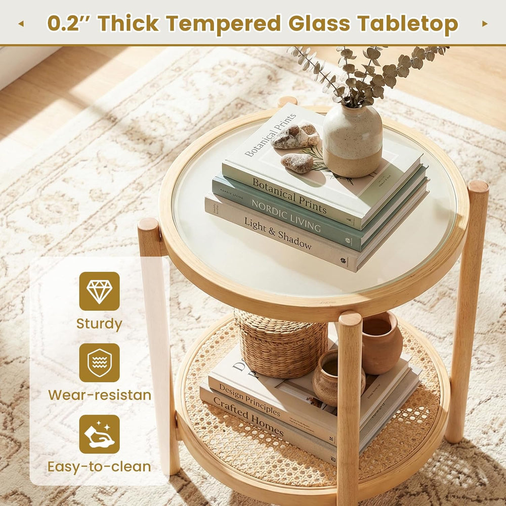 Giantex Rattan Round Side Table, 2-Tier Boho End Table w/Tempered Glass Top, ...