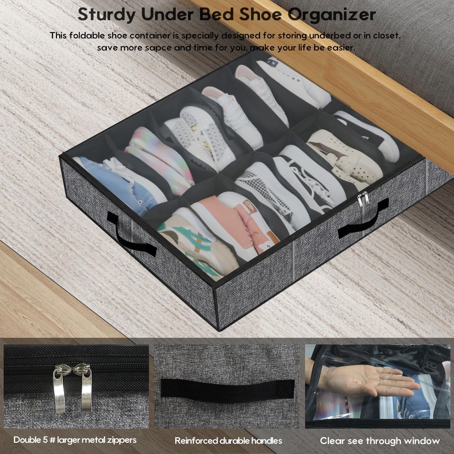 Onlyeasy Sturdy Under Bed Shoe Storage Organizer with Handles and Clear Window Fit 16 to 32 Pairs, Premium Foldable Shoes Container Box for Closet, 37.7x 23.6x 5.9 inch, Cotton-like Black, MXBUBS16P2