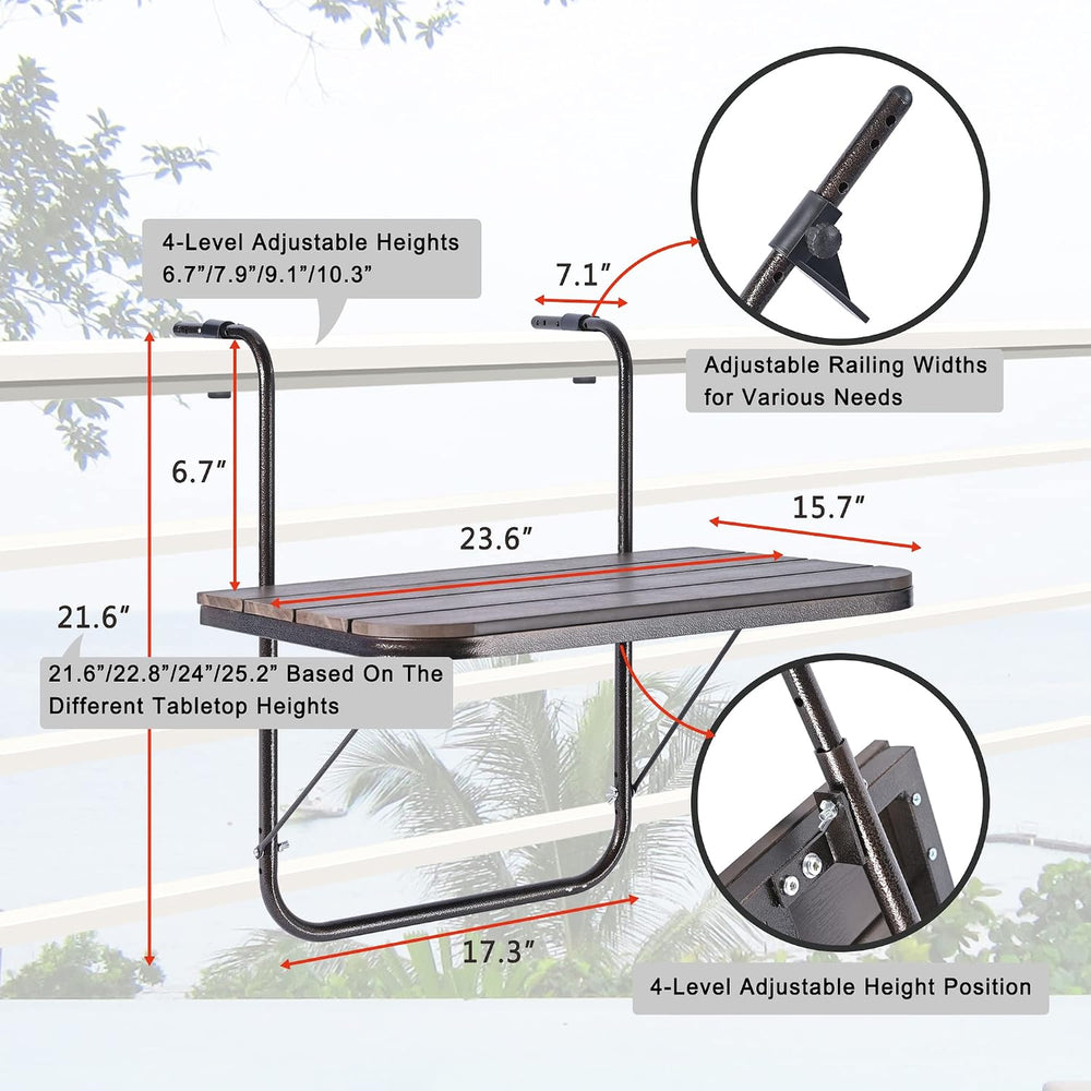Balcony Railing Table Outdoor Hanging Folding Brown Aluminium Metal Side Tabl...