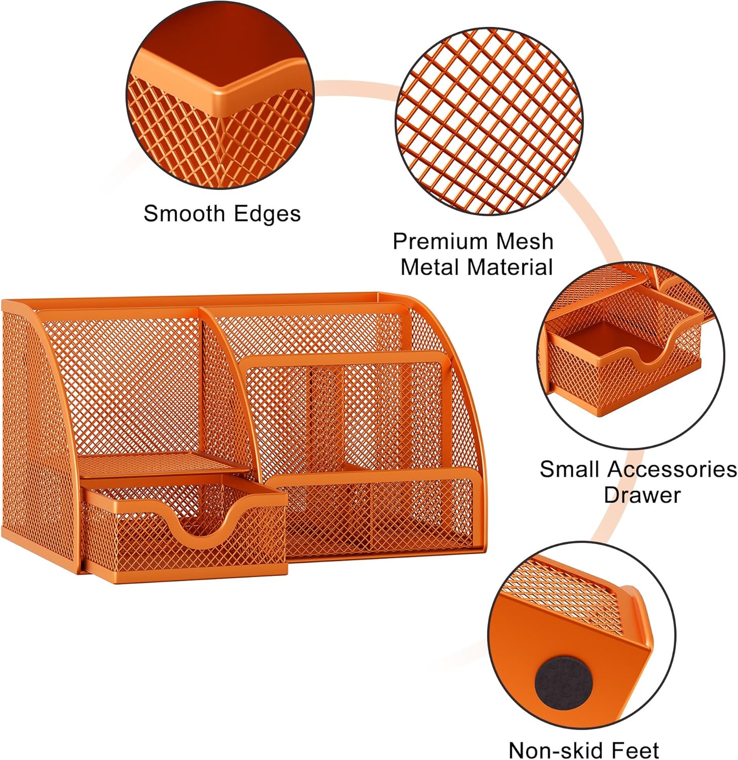 EasyPAG Mesh Desk Organizer with Drawer Multi-Functional Pen Holder Stationery Organizer for Office School Supplies 6 Compartments Dorm Organizers and Storage for Desk, Orange