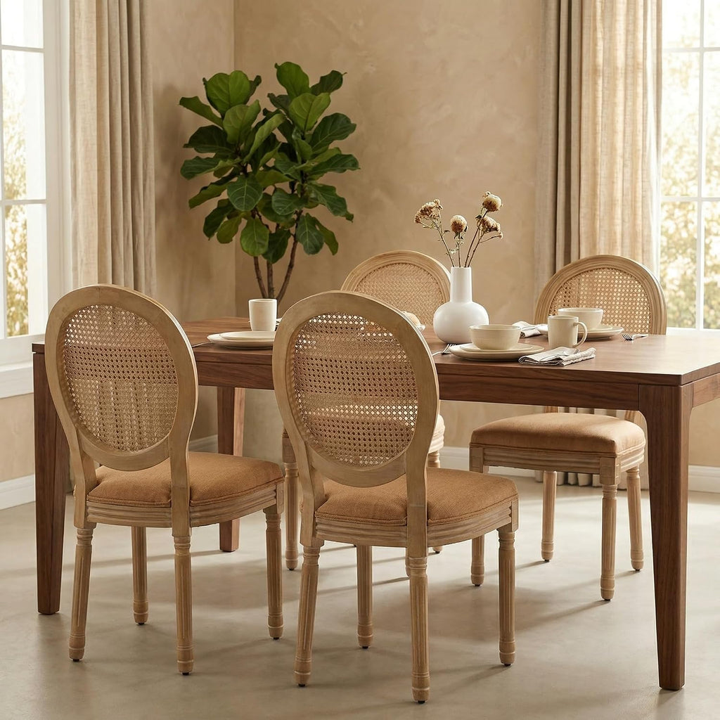 Vintage French Country Dining Chairs Set of 4, Farmhouse Rattan Dining Room Chairs with Round Back, Linen Upholstered Seat & Carved Solid Wood Legs, Sillas de Comedor, Kitchen Dining Chairs (Tan)