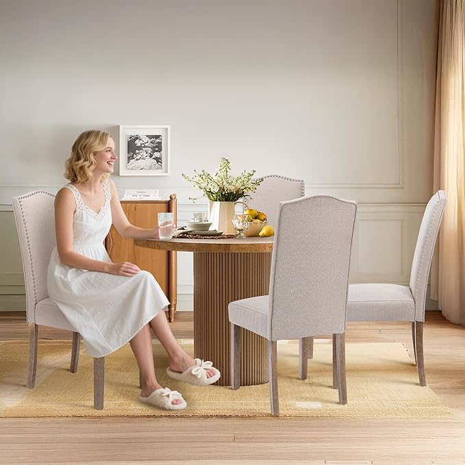 Upholstered Dining Chair Modern Stylish Parsons Kitchen Diner High Back with Silver Nailhead Trim & Wood Legs, Set of 6, Fabric Beige