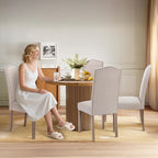 Upholstered Dining Chair Modern Stylish Parsons Kitchen Diner High Back with Silver Nailhead Trim & Wood Legs, Set of 2, Fabric Beige
