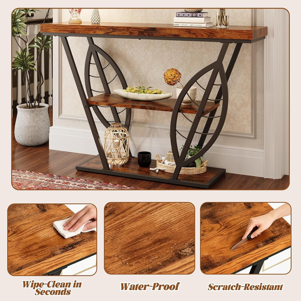 HavenlyYouth Leaf Design Console Table for Entryway, 3-Tier Storage, 30mm Thi...