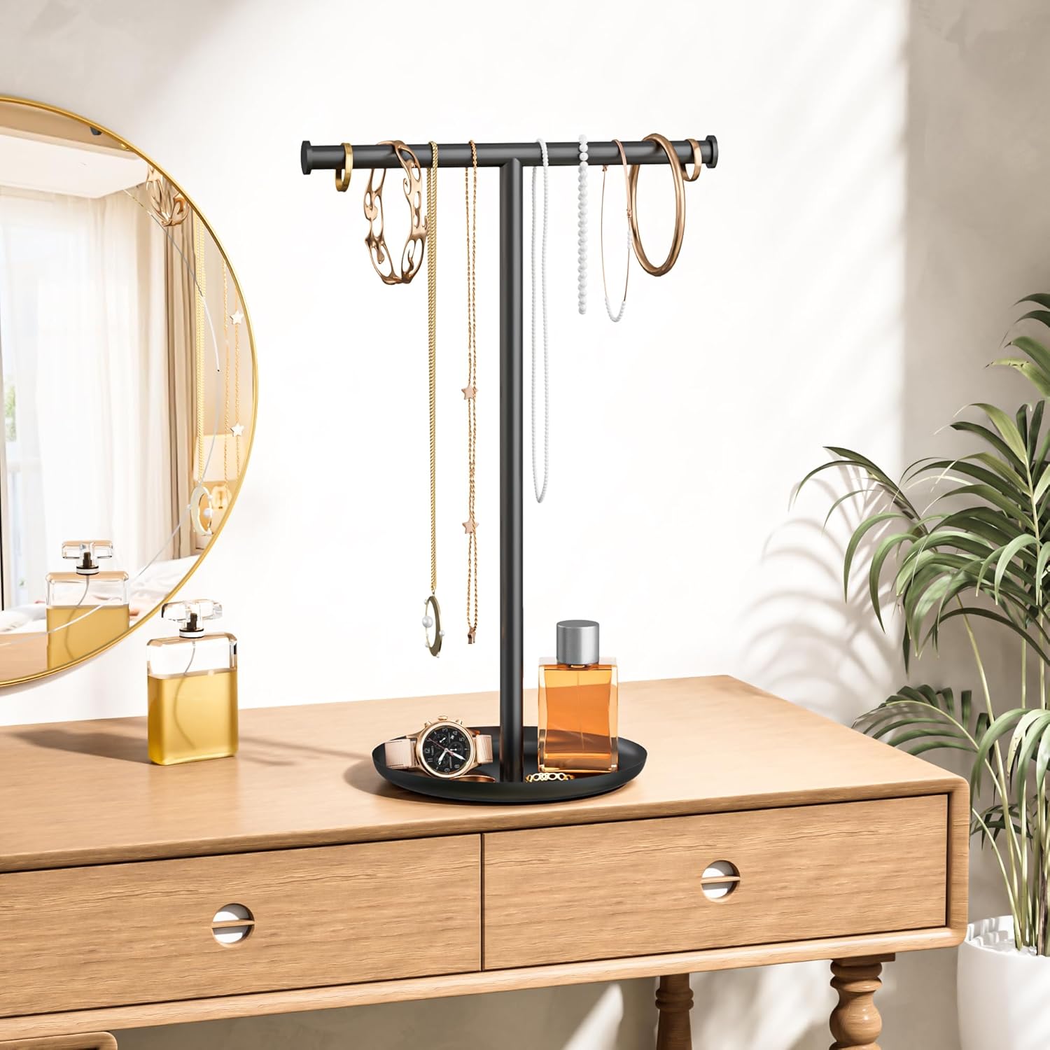 Necklace Organizer Stand with Storage Tray - 12.6" Tall T-Shaped Jewelry Holder Stand for Bracelets, Earrings, Rings | Stylish Home & Vanity Décor for Women, Black.