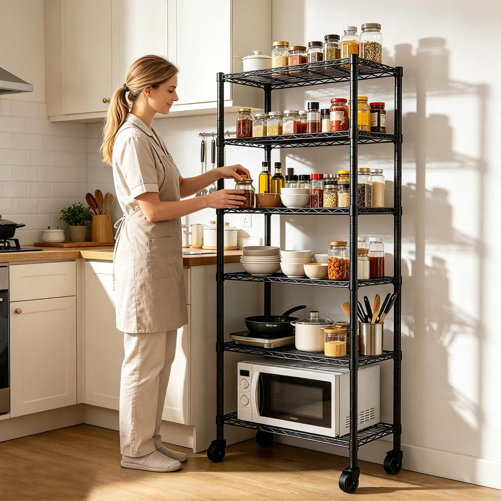 REGILLER 6-Wire Shelving Metal Storage Rack Adjustable Shelves,Standing Storage Shelf Units for Laundry Bathroom Kitchen Pantry Closet(Black,14.1" D x 30" W x 80" H,With Wheels)
