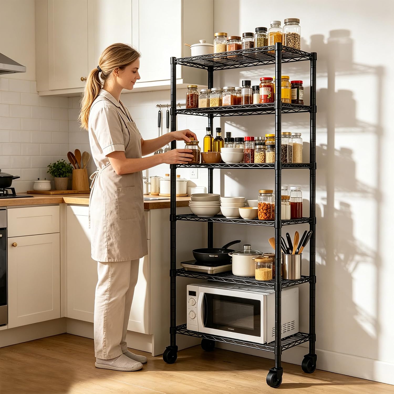 REGILLER 6-Wire Shelving Metal Storage Rack Adjustable Shelves,Standing Storage Shelf Units for Laundry Bathroom Kitchen Pantry Closet(Black,14.1" D x 30" W x 80" H,With Wheels)