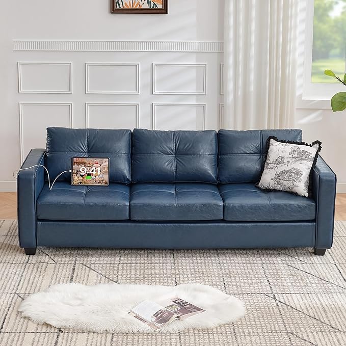 TYBOATLE 88" W Faux Leather Couch w/Side Pockets, Mid-Century Modern Tufted Comfy Leather Couches w/USB and Wider Arms, 3 Seater Sofa for Office, Apartment, Bedroom, Blue
