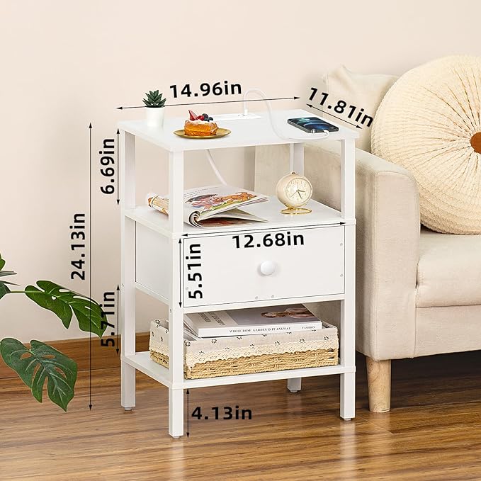 Lerliuo Nightstand with Charging Station and USB Ports, 3-Tier Storage End Ta...
