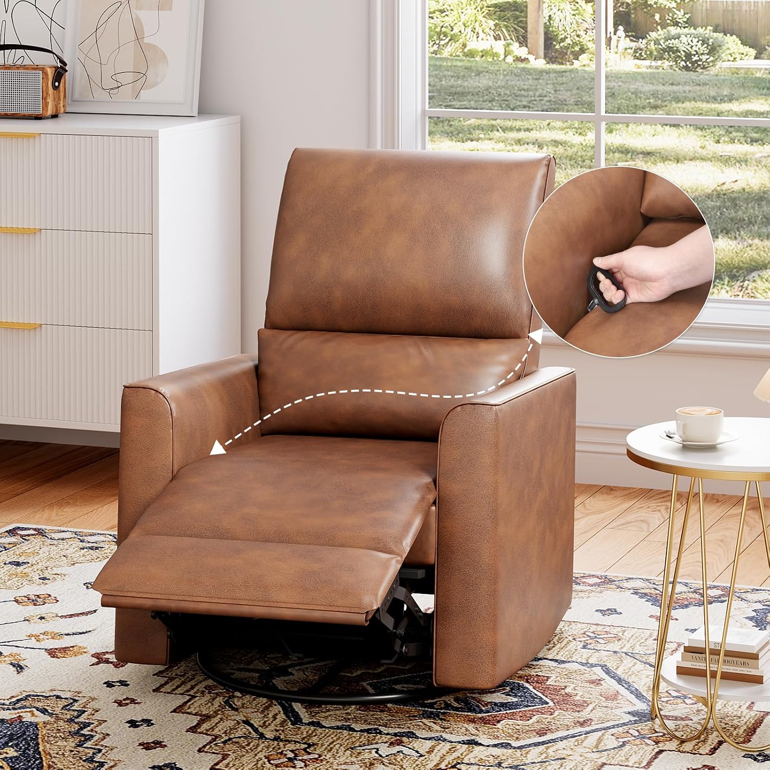 GAOMON Swivel Rocking Recliner Chair, Manual Leather Recliner Glider with | Lumbar Support & Padded Armrest, Comfortable Rocker Nursery Single Sofa for Living Room and Bedroom (Brown)