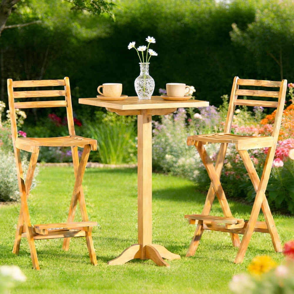 COSTWAY Outdoor Folding Bar Stool, Acacia Wood High Top Chairs with Slatted B...