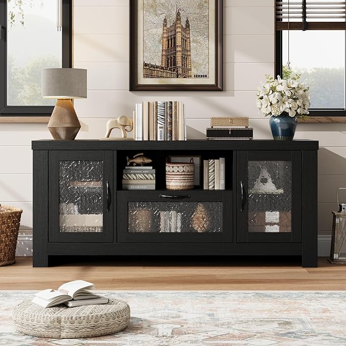 Garvee Farmhouse TV Stand for 55 Inch TV, Entertainment Center with Acrylic Door & Adjustable Shelves, Sideboard Buffet Storage Cabinet for Living Room Bedroom, Black