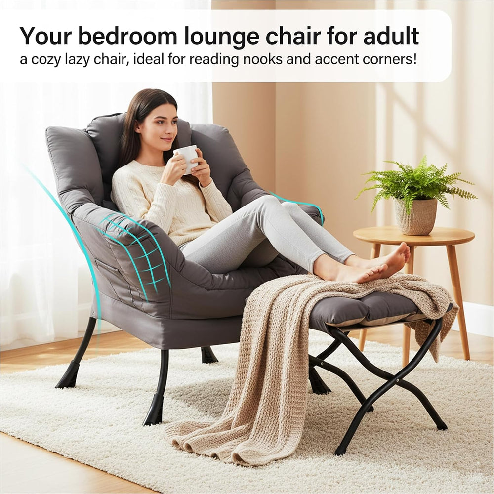 Lazy Chair with Ottoman, Comfy Chair with Pillow，Dark Grey