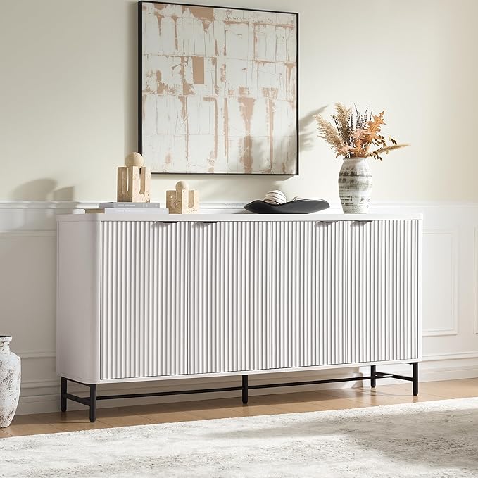 65" Buffet Cabinet with Storage, Fluted Credenza Sideboard with 4 Doors & Adjustable Shelves, Large Coffee Bar Console Table for Dining Room, Living Room, Entryway, White