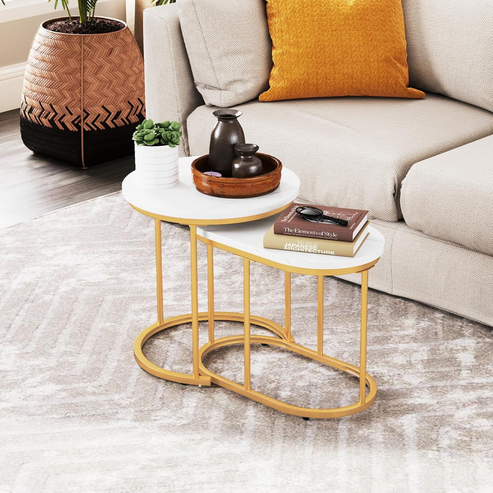 CASART Set of 2 Nesting Tables, Faux Marble Stacking Sofa Side Tables 2PCS Ro...