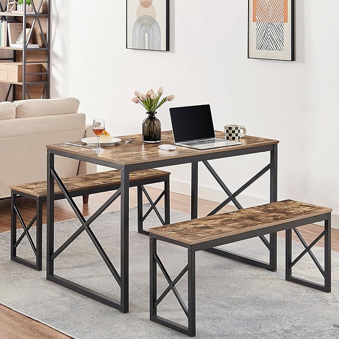 VECELO 43.3 Inch Dining Table Set for 4, Rectangle Dinner Breakfast Dinette with 2 Benches, Thickened Metal Frame & Board, for Kitchen, Living Room, and Small Space, Rustic Brown