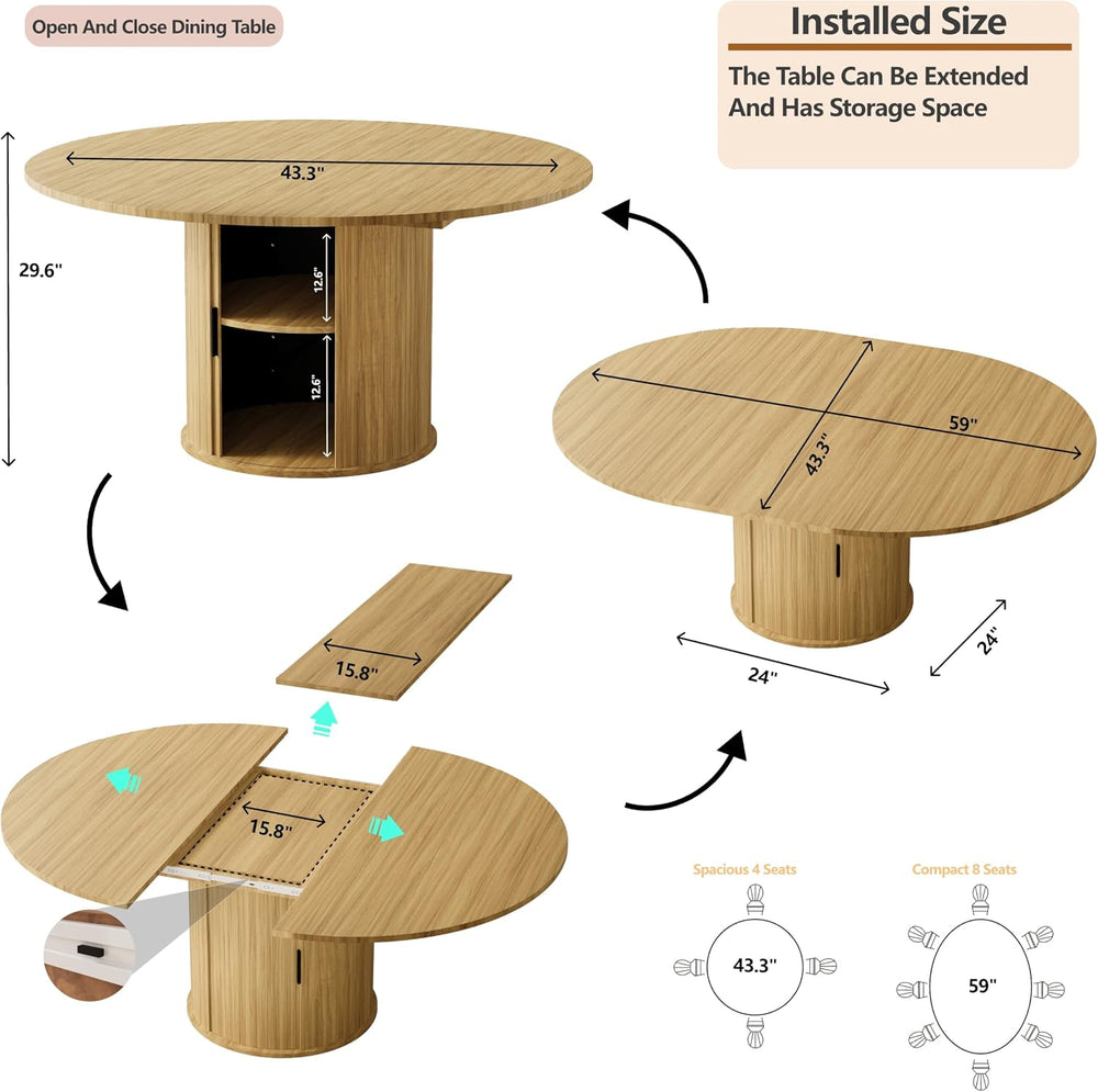 Dining Table for 4-6,59“Extendable Round Dining Room Kitchen Table with Stora...