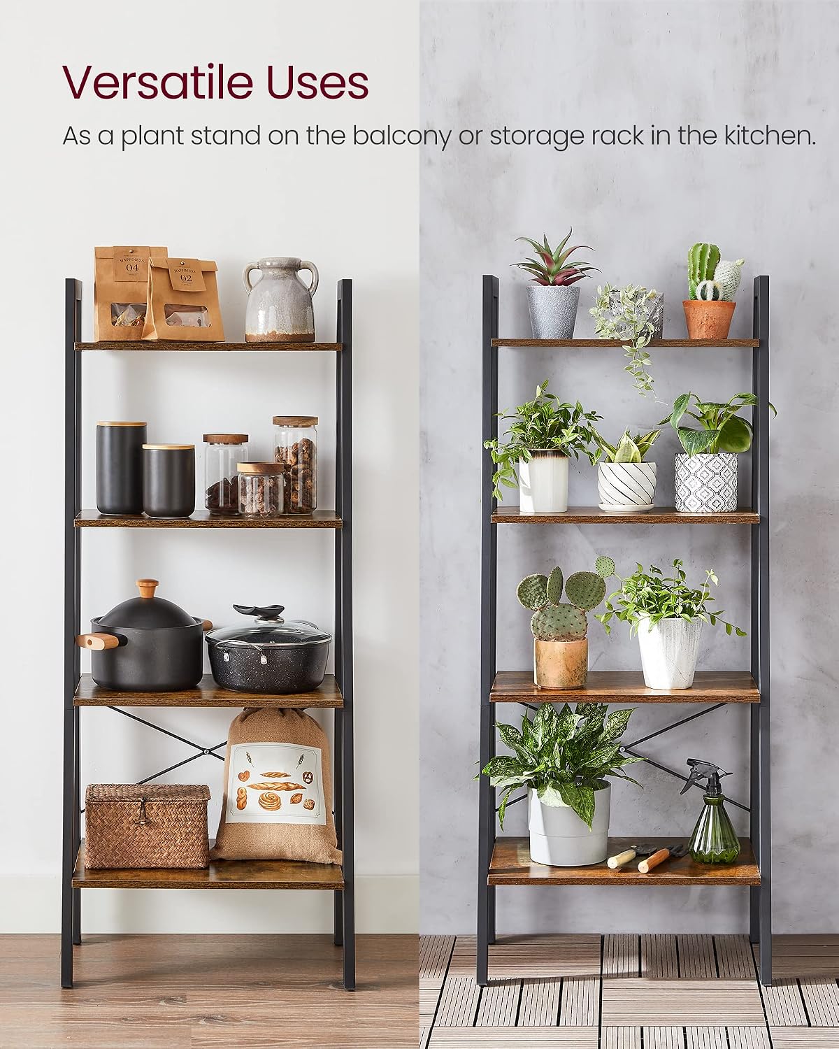 VASAGLE BARNET Collection - Ladder Shelf, Bookshelf, Storage Rack, Modern Bookcase for Living Room Home Office Kitchen, Steel Frame, 4-Tier, 22-Inch Wide, Rustic Brown and Ink Black ULLS44X