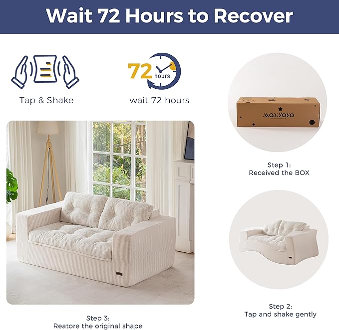 MAXYOYO 63" Loveseat Sofa Couch for Small Spaces, Upholstered Boneless Cloud Couch for Apartment Bedroom, 2-Seater Love Seat Floor Modern Sofa with Pillows, No Assembly Required, Beige