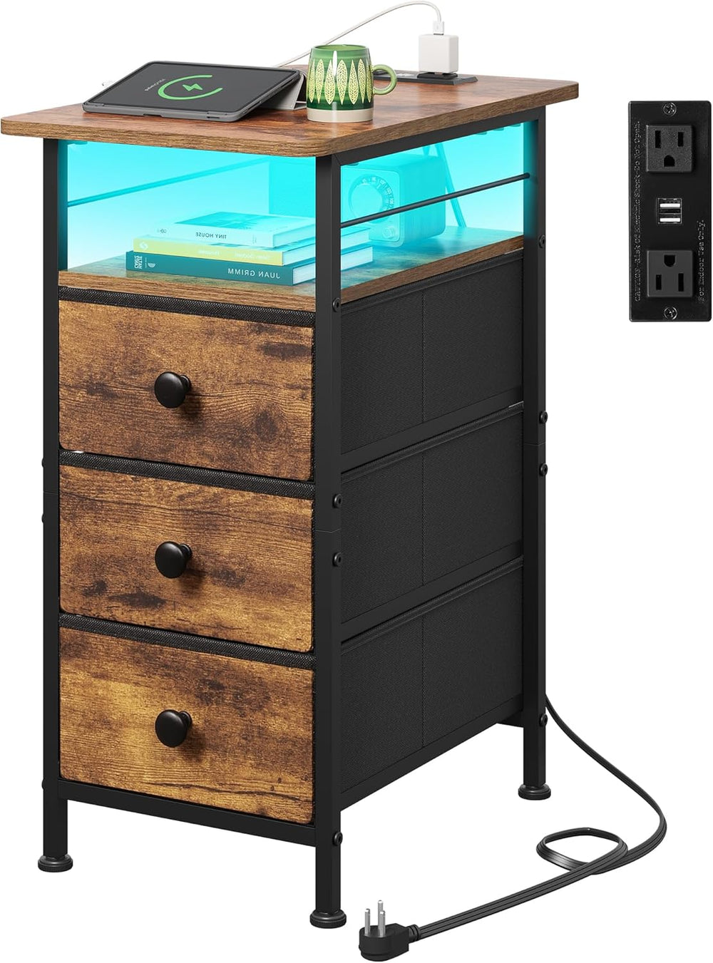 WLIVE Narrow Side Table with Charging Station, End Table with LED Lights,3 Fa...