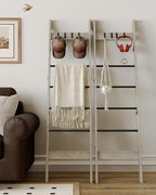 Blanket Ladder for Living Room, Decorative Quilt Rack with 4 Removable Hooks, 6-Tier Farmhouse Ladder Holder Shelf Organizer for Bedroom, Greige and Black BR31505B