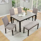 KEIKI 6-Piece Standard Height Dining Table Set with Rectangular Table, 4 Upholstered Curved Backrset Chair, Bench, for 6 Person, Modern Table Set, Easy Assembly, for Kitchen, Dining Room, Black+Gray