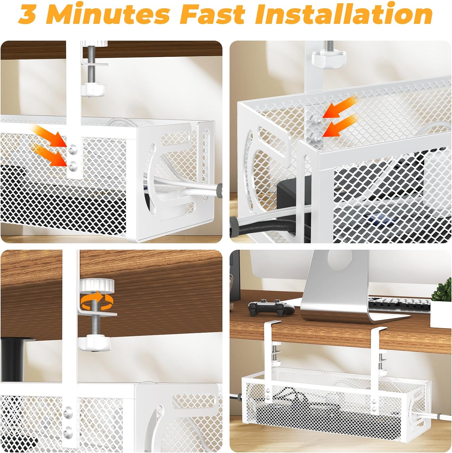 Under Desk Cable Management Tray, 15.7'' No Drill Steel Desk Cable Organizers, Wire Management Tray Cable Management Rack (1 Pack-White)