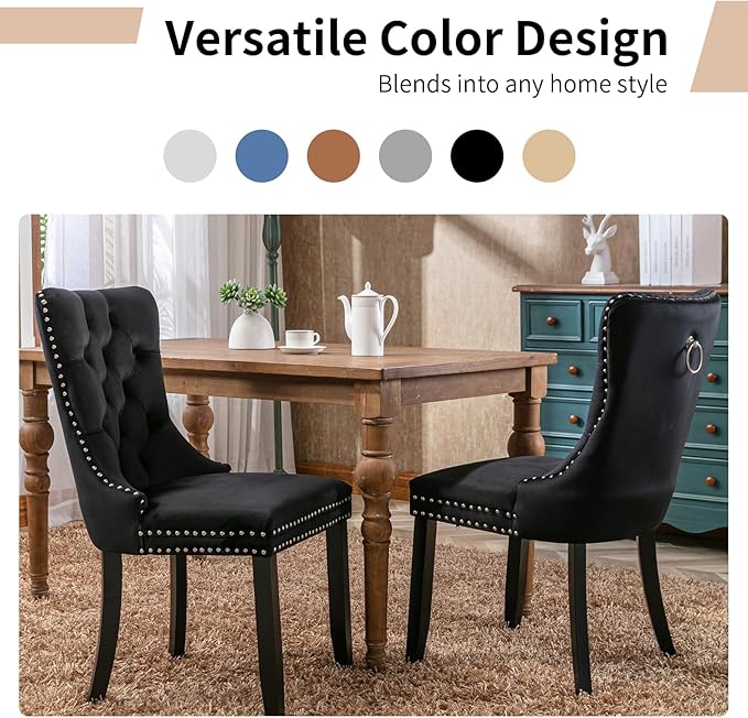 Modern Dining Chairs Set of 6, Tufted Upholstered Dining Chair with Solid Wood Legs, Black Velvet Accent Chair, Sillas de Comedor, 6 Dining Chairs (Black, Velvet, 6Pcs)