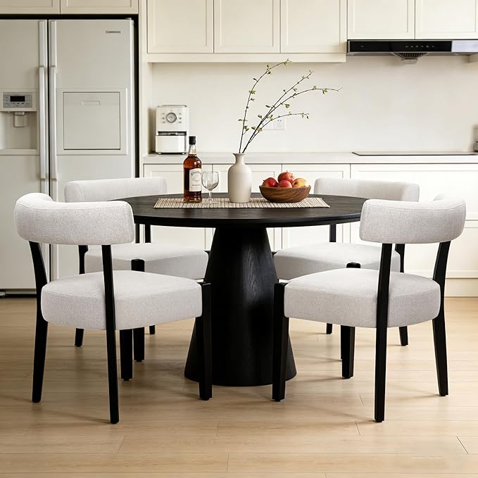 Modern Dining Chairs Set of 2, Upholstered Kitchen & Dining Room Chairs, Mid Century Modern Wooden Dining Chairs Oversized Sturdy Fabric Rounded Chairs Curved Back, Black and Beige