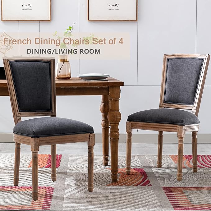 Nrizc Farmhouse Dining Chairs Set of 4, French Dining Chairs with Square Back, Brown Wood Legs, French Bistro Chairs for Dining Room/Living Room/Kitchen/Restaurant, Dark Grey