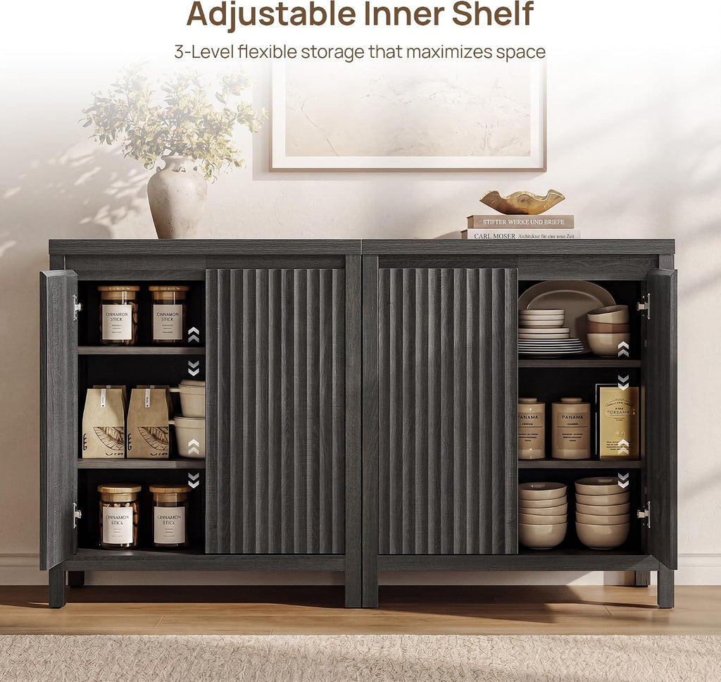 SICOTAS Sideboard Buffet Cabinet with Storage, Fluted Credenza Buffet Table | Console Cabinet with Adjustable Shelves, Modern Coffee Bar Storage Cabinet for Kitchen, Living Room, Black Oak, 2 PCS