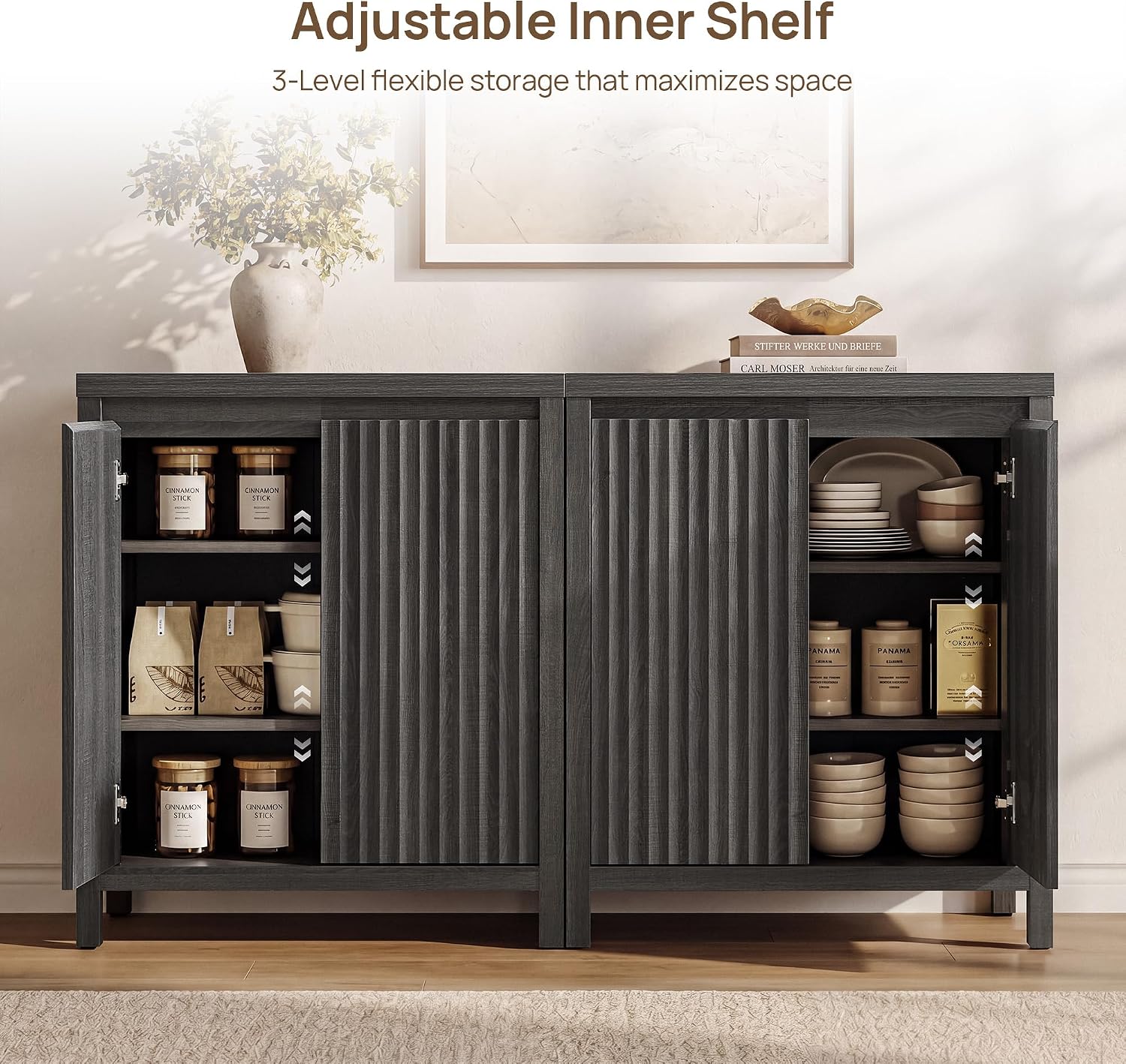 SICOTAS Sideboard Buffet Cabinet with Storage, Fluted Credenza Buffet Table | Console Cabinet with Adjustable Shelves, Modern Coffee Bar Storage Cabinet for Kitchen, Living Room, Black Oak, 2 PCS
