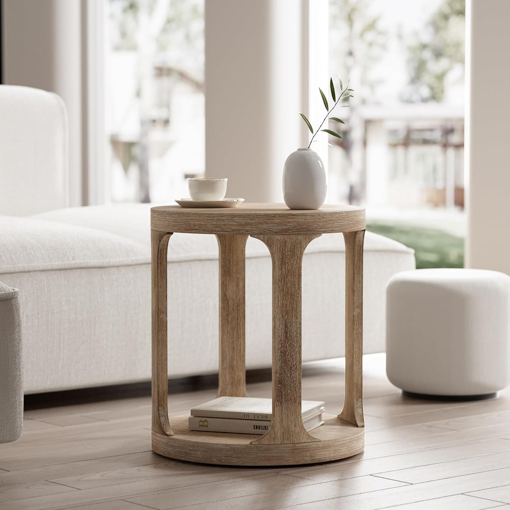 COZAYH Farmhouse Small End Table Wood Round Side Table for Small Space Rustic...