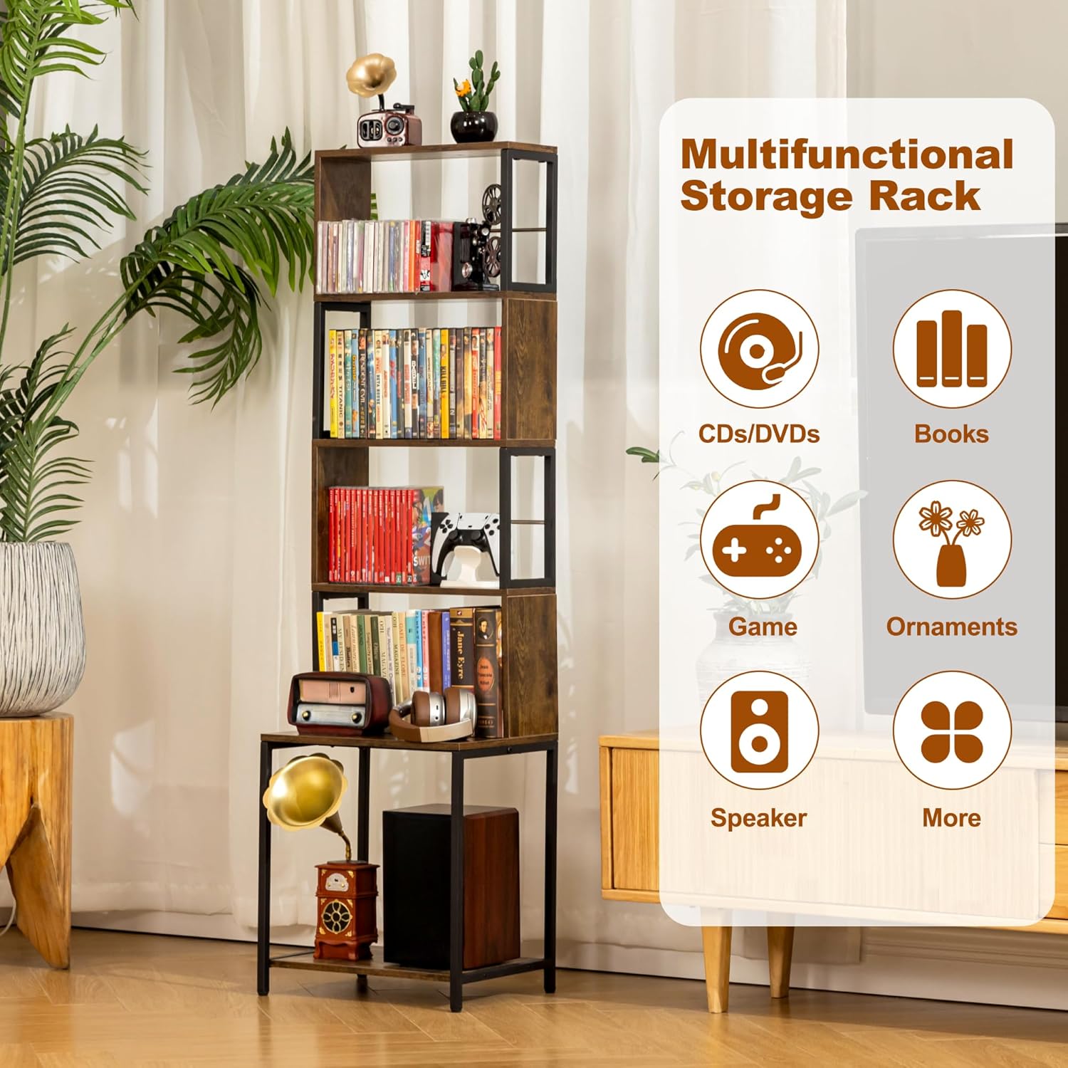 Aquzee DVD Shelf, Wooden CD Storage Rack, CD Holder with Adjustable Dividers, DVD Tower Rack, Media Storage Shelf for CDs/DVDs, Books, Video Games, Suitable for Living Room, Bedroom, Home Office