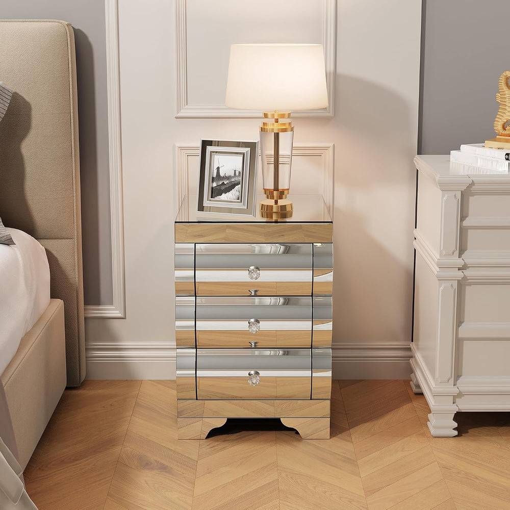 Silver Modern Mirrored Nightstand with 3 Drawers, Baked Curved Glass Bedside ...